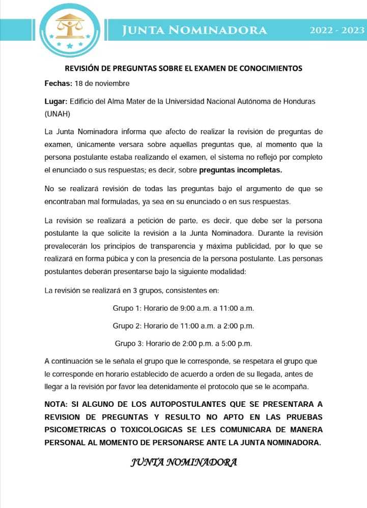 Listado de postulantes que se presentarán a revisión de examen 